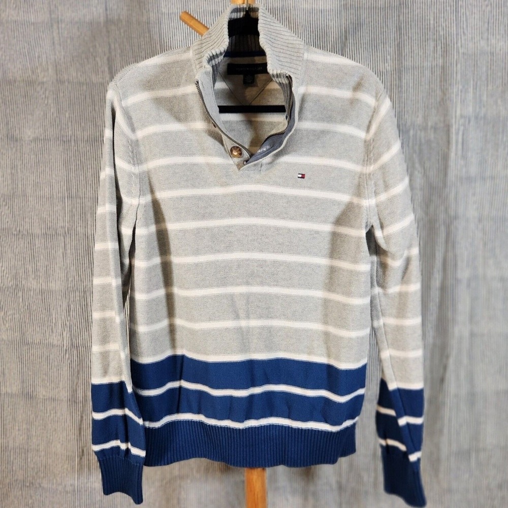Tommy Hilfiger Medium $98 100% Cotton Striped Gray Blue Quarter Zip Sweater